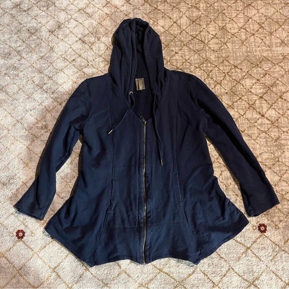 XCVI Sweater Womens XL Navy Zip Up Hoodie Lagenlook Terry Pockets Handkerchief - Picture 2 of 9